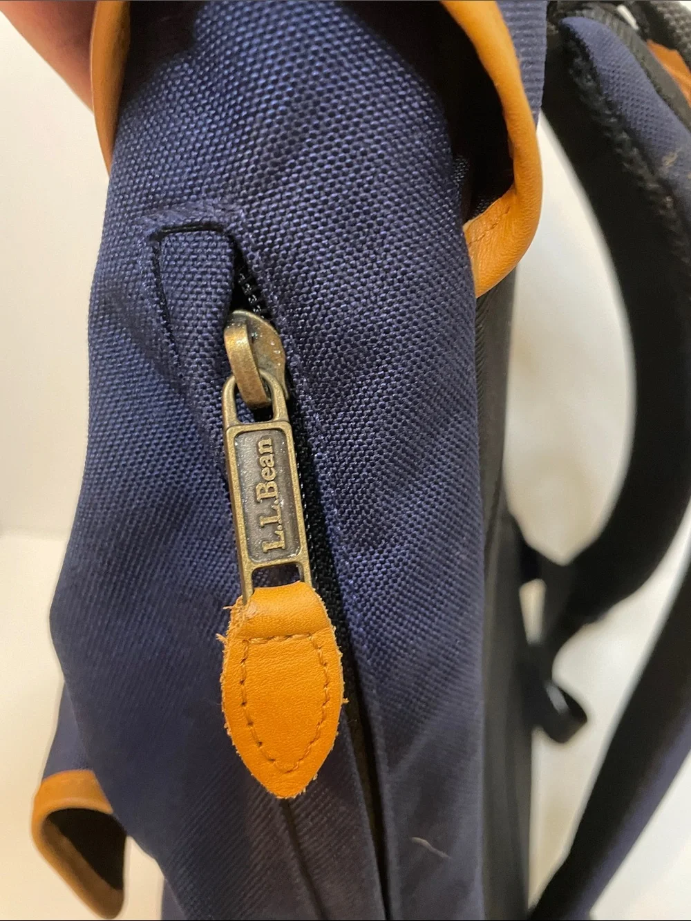 L.L. Bean Navy Backpack with Tan Leather Trim and Front Pockets